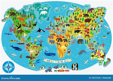 Animal Map of the World for Children and Kids. Vector. Stock Vector ...