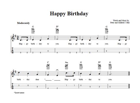 Happy Birthday - Easy Baritone Ukulele Sheet Music and Tab with Chords and Lyrics