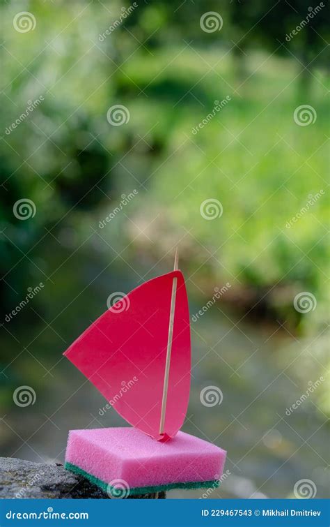 Pink Sailboat Made from Kitchen Sponge. a Children S Boat Agains Stock ...