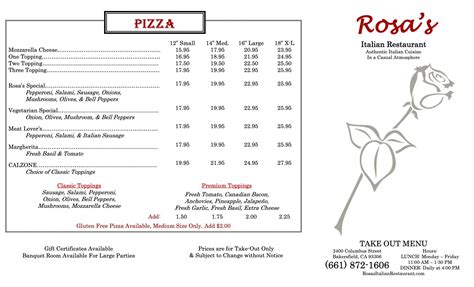 Rosas Menu Bakersfield | Rosas Italian Restaurant Menu Bakersfield | Rosa's