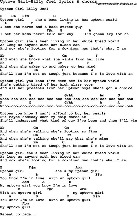 Love Song Lyrics for:Uptown Girl-Billy Joel with chords.