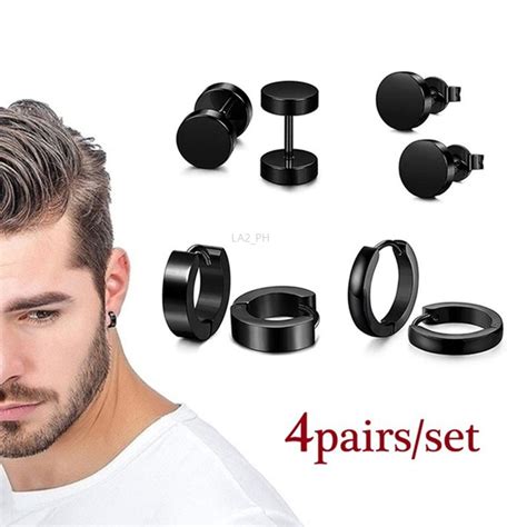 Dumbbells + earrings black 4 Pairs Stainless Steel Stud Earrings for ...