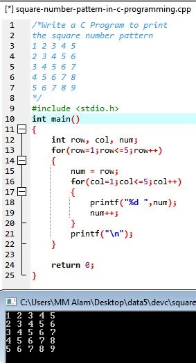 Print Square Number Pattern in C Programming | EasyCodeBook.com