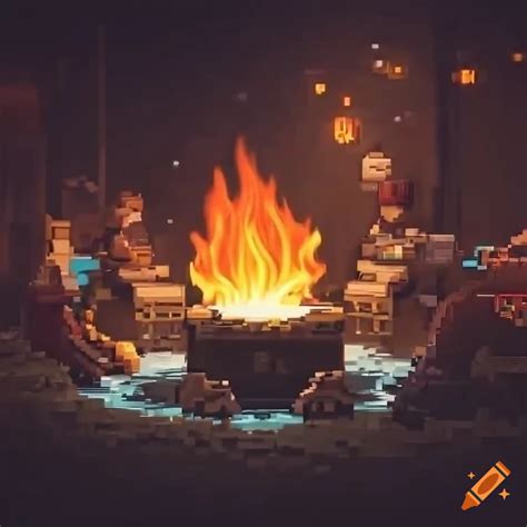 Pixel art of two heroes resting by a campfire on Craiyon