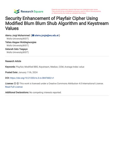 (PDF) Security Enhancement of Playfair Cipher Using Modified Blum Blum Shub Algorithm and ...