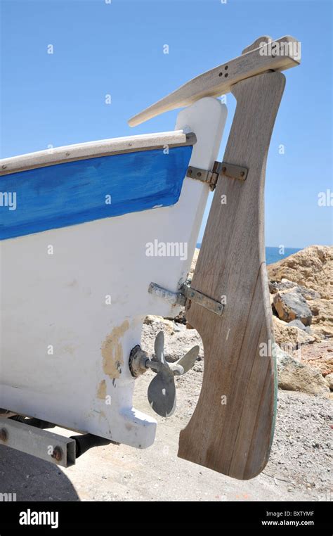 Fishermans boat lifted out of the water for maintenance - image taken in Crete, Greece Stock ...