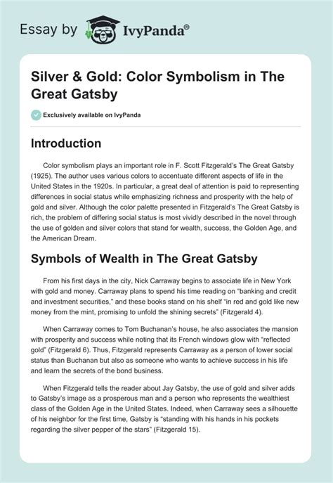 Silver & Gold: Color Symbolism in The Great Gatsby - Words 880 | Essay Example