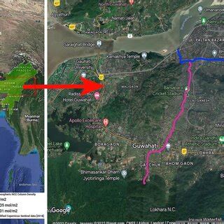 Satellite Map of Guwahati city (Blue line indicates the Bharalu river ...