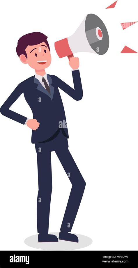 Businessman cartoon holding megaphone with isolated white background vector.Young man shouting ...