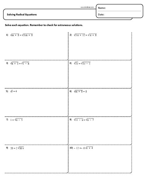 Solving Radical Equations worksheets