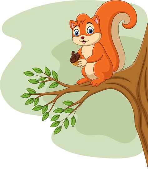 Cartoon squirrel holding pine cone on tree branch 5152084 Vector Art at Vecteezy