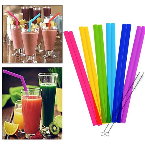 Silicone Straw New 12PCS Reusable Smoothie Straws with Cleaning Brushes Extra Wide Large Straws ...