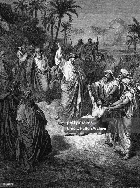 Biblical engraving shows Jesus as he casts out demons from a... News Photo - Getty Images