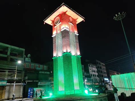 Clock Tower at Lal Chowk, Srinagar illuminated in colours of the Tricolour ahead of Independence ...