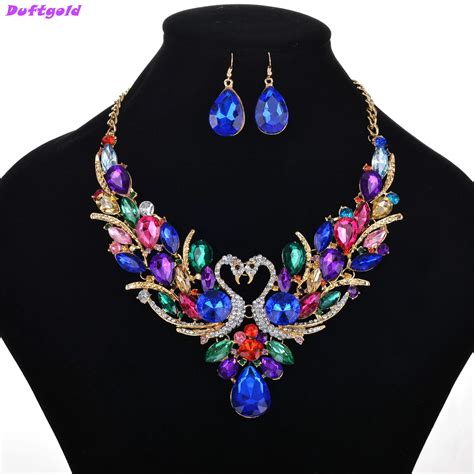 European Luxury Shiny Crystal Swan Jewelry Set Women Lady Short Alloy Gold Statement Colorful ...