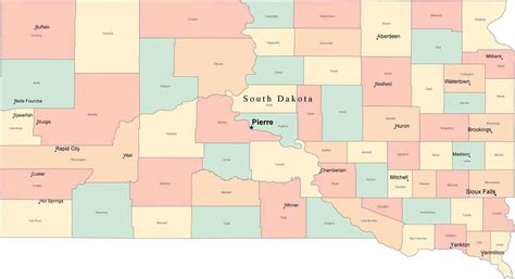 Multi Color South Dakota Map with Counties, Capitals, and Major Cities