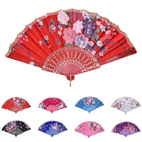 8 Colors Plastic Lace Silk Flower Dance Fans Chinese Vintage Fancy ...