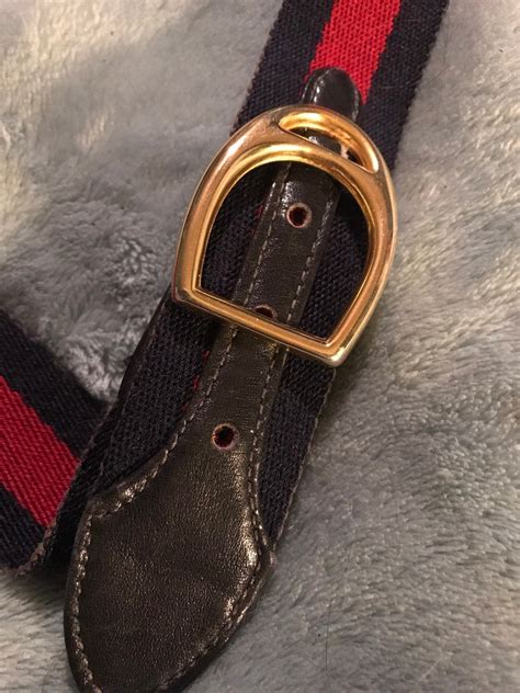 Vintage Gucci Belt. Vintage Authentic Gucci Blue and Red Web Cloth Belt. Gold Gucci Buckle Horse ...