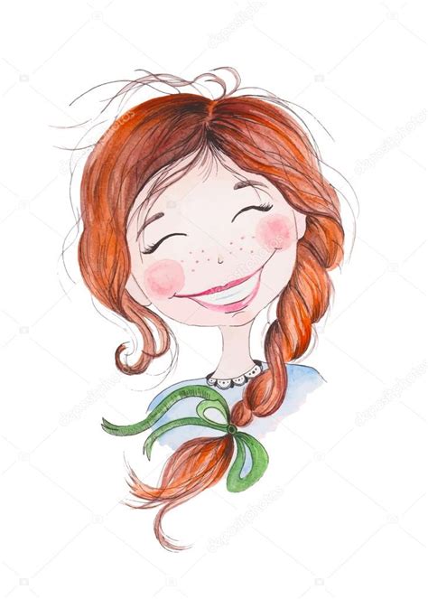 Little girl face drawing | Little girl with ginger hair . Watercolor illustration. Hand drawing ...