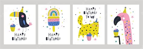 Premium Vector | Happy birthday cards set with animals vector illustrations