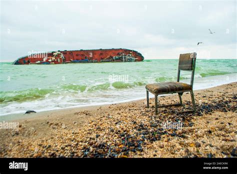 Ecological catastrophe. Oil pollution of the sea. Shipwreck close to ...