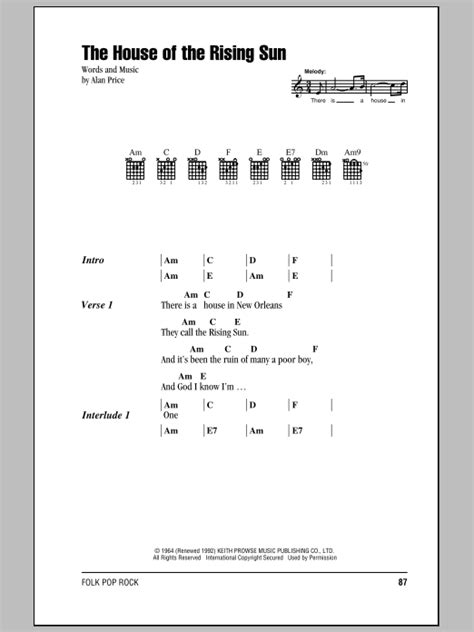 The House Of The Rising Sun by The Animals Sheet Music for Guitar Chords/Lyrics at Sheet Music ...