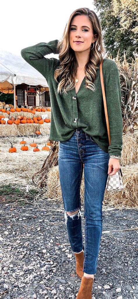 green long-sleeved shirt and distressed blue denim jeans | Fashion, Fall outfits, Long sleeve ...