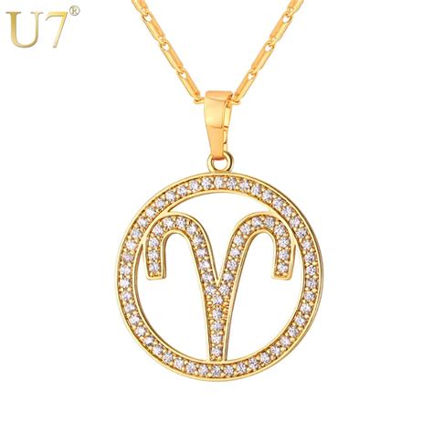 U7 Aries Zodiac Sign Necklaces & Pendants Round Gold Color Cubic Zirconia Constellations Jewelry ...