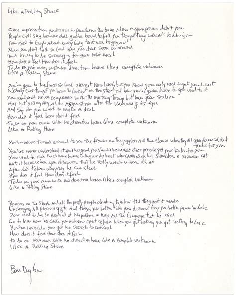 Lot Detail - Bob Dylan Signed, Handwritten Lyrics to ''Like a Rolling Stone'' -- The ...