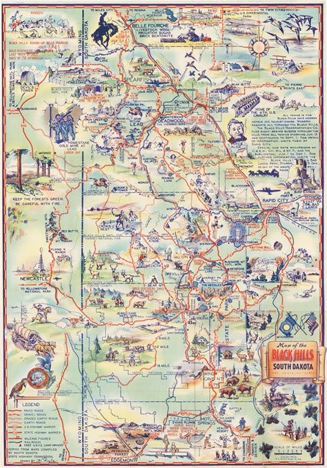 1940 Map of the Black Hills of South Dakota the Sunshine State | Black hills south dakota, South ...