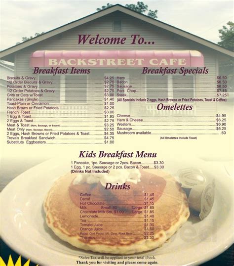 Backstreet Cafe menu in Frankfort, Indiana, USA