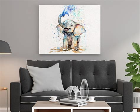 Baby Elephant Watercolor Oil Painting Art Print Nursery Room Wall Art Happy Baby Elephant ...