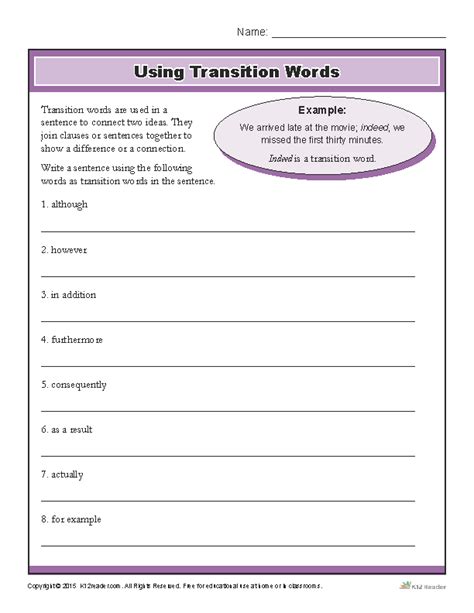 Free Transition Words And Phrases Worksheets