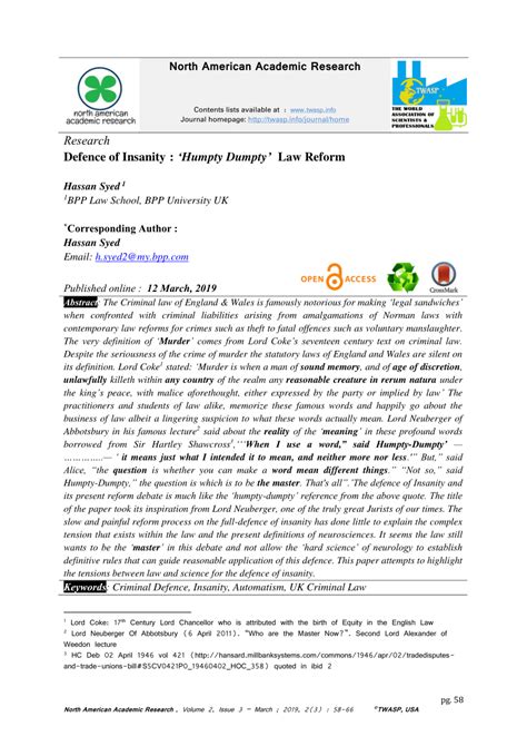 (PDF) Defence of Insanity : 'Humpty Dumpty' Law Reform