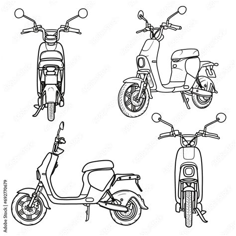 Modern Electric Scooter Bike hand drawn ink line art, moped vector illustration line art ...