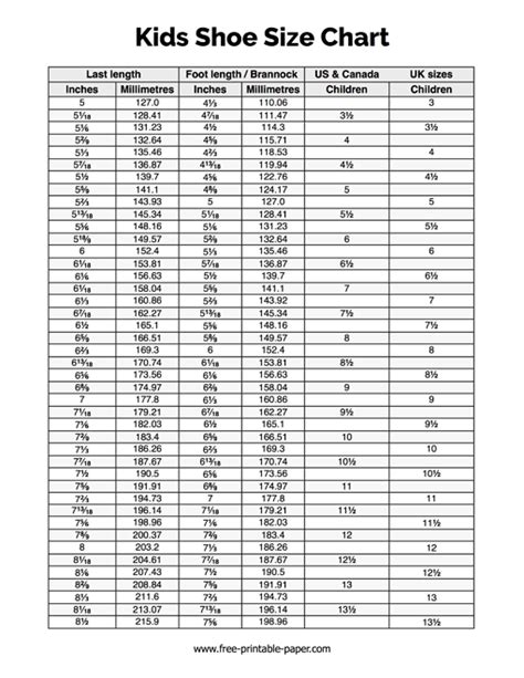 Kids Shoe Size Chart – Free Printable Paper