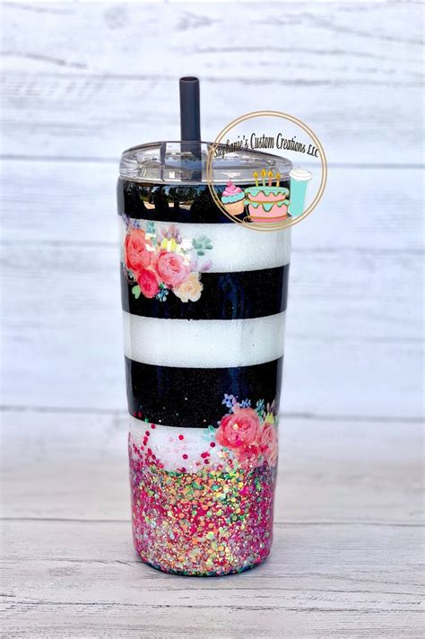 Glitter Striped Black and White Tumbler, Pink Flowers - Etsy