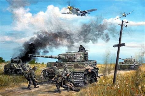 ORIGINAL WW2 MILITARY AVIATION ART P-51 PAINTING PANZER TIGER TANK ...