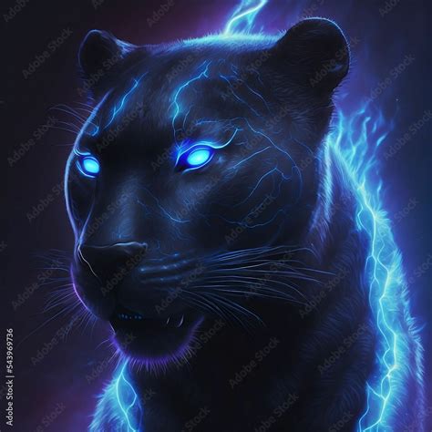 Fierce Black Panther Glowing Blue Glowing Eyes on Dark Background ...