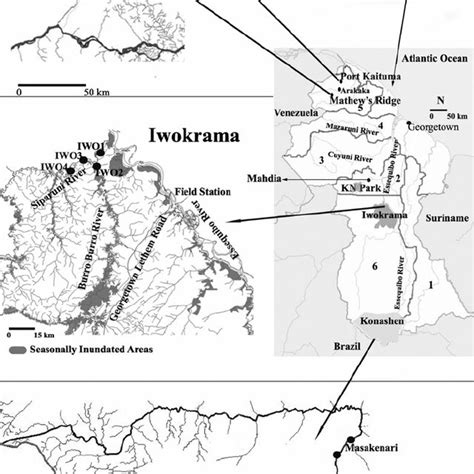 Map of Guyana and sample sites with Mining Districts labeled (for ...