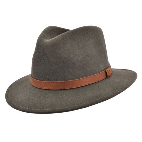 Gents Crushable DarkGreen 100%Wool Felt Trilby Fedora Hat With Leather ...