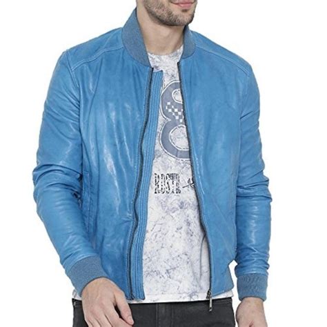 Light Blue Leather Bomber Jacket - A2 Jackets