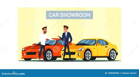 Car Showroom Flat Vector Illustration Stock Vector - Illustration of clipart, male: 158830965