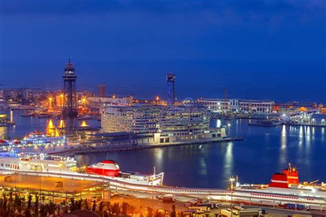 Barcelona. Seaport night. stock photo. Image of european - 108188668