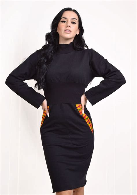 black knit jersey sweater dress with ankara trims