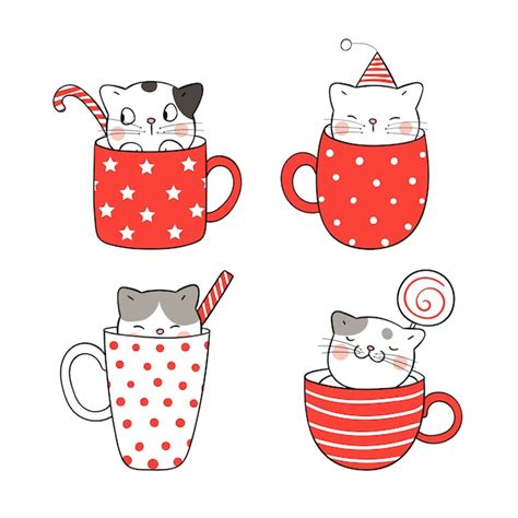 Premium Vector | Draw cute cat in cup of coffee and tea for christmas.