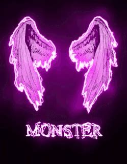 two purple angel wings with the words monster in white lettering on a ...