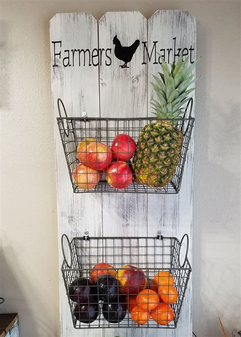 Farmers Market 3 basket wall decor, Farmers Market produce storage, Rustic produce rack ...