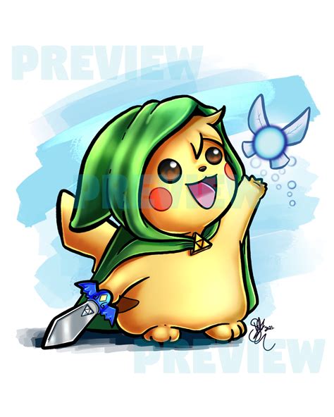 Link X Pikachu Pokemon Zelda Fanart Print With Navi - Etsy