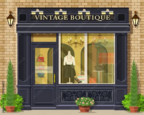 Vector detailed flat design vintage boutique facade. Cool graphic fashion shop exterior. Stock ...